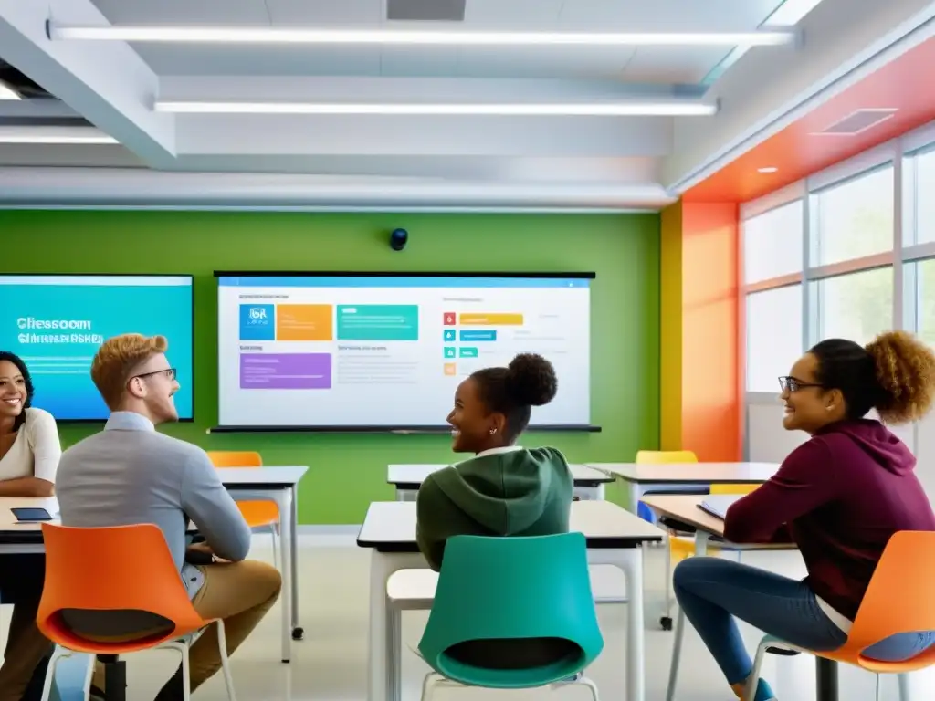 Profesor apasionado y estudiantes colaborando en aula moderna con tecnología de vanguardia, startups transformando educación digital