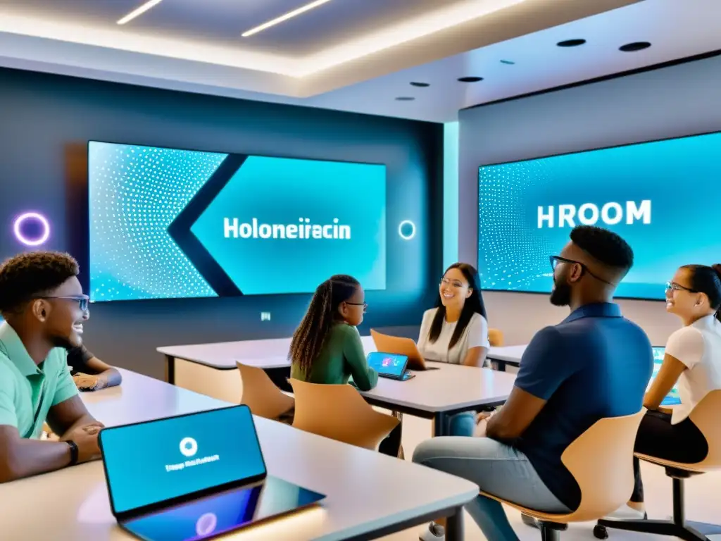 Clase futurista: alumnos interactúan con tecnología IoT Profesor y estudiantes interactúan con IoT en educación y aprendizaje en aula futurista con pantallas holográficas y tecnología innovadora