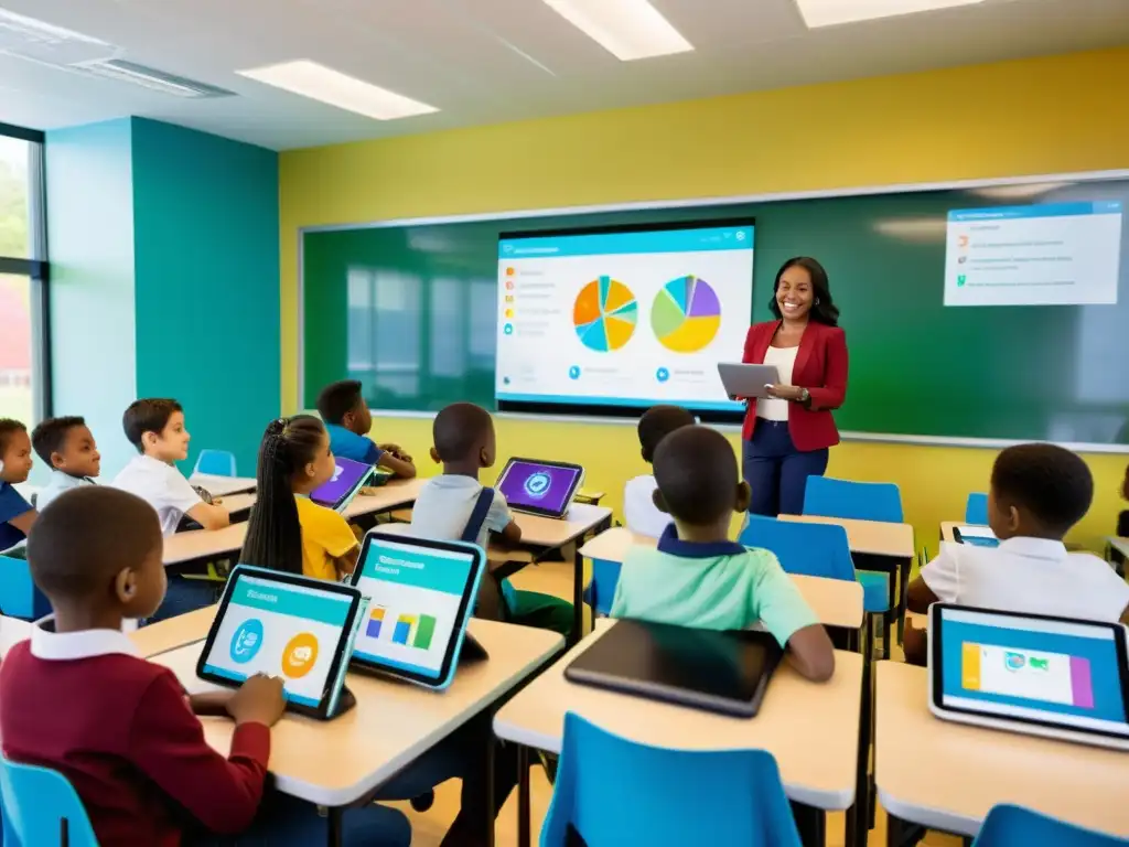 Profesor guía a estudiantes diversos usando tablets y smartphones con apps educativas, impacto de tecnología en educación