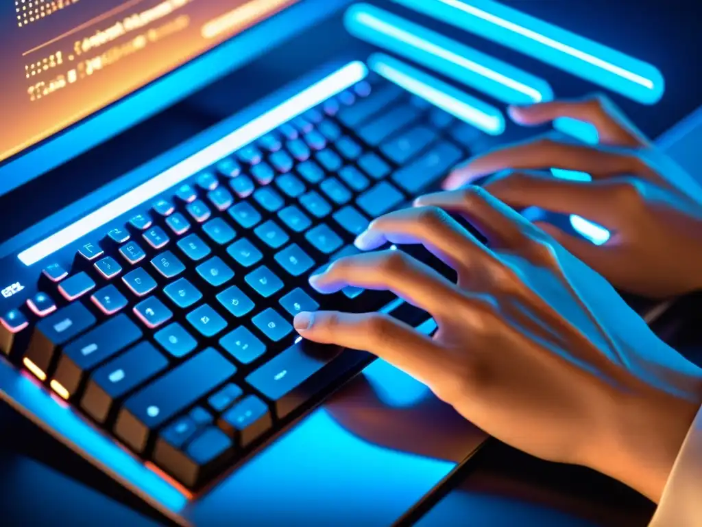 Un programador experto teclea líneas de código en un teclado moderno, con un aura futurista