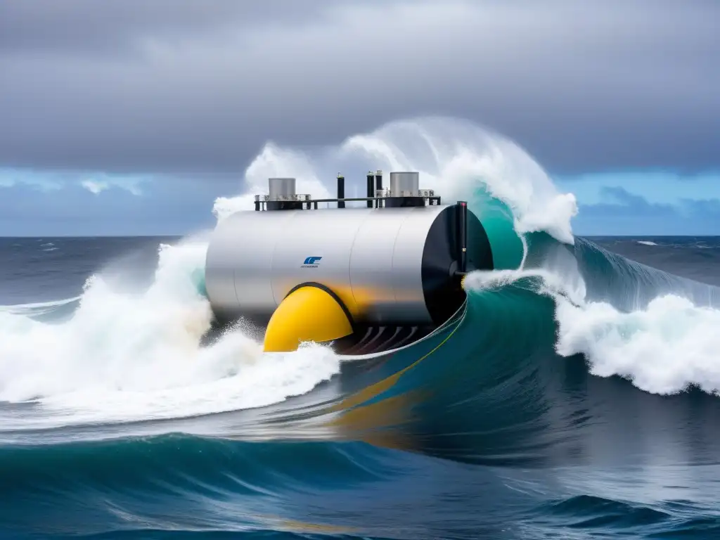 Prototipo de aprovechamiento de energía de olas marinas en acción, capturando la energía cruda del océano con un diseño futurista y detallado