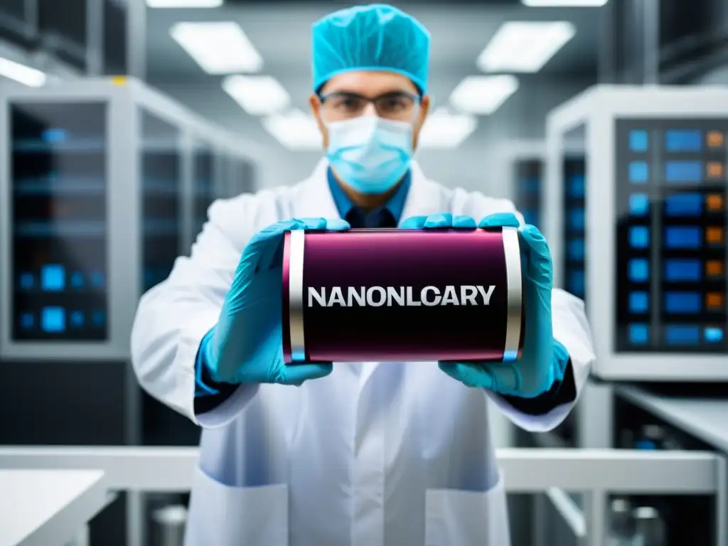 Prototipo de batería nanotecnológica revolucionaria en laboratorio de vanguardia, evocando innovación y avance tecnológico