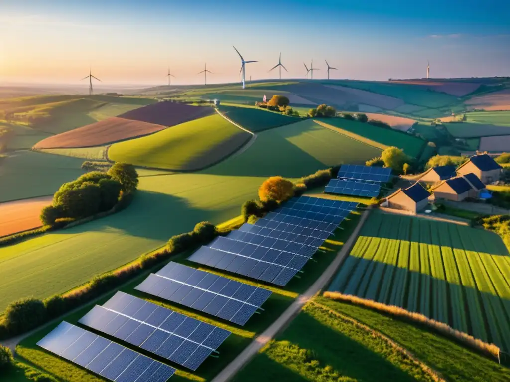 Un pueblo rural al atardecer con paneles solares, molinos de viento y una hermosa fusión de lo tradicional y la electrificación rural energía sostenible desarrollo global