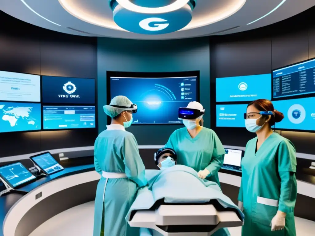 Un quirófano futurista con tecnología robótica avanzada, pantallas de alta definición y profesionales médicos utilizando auriculares de realidad aumentada para consultas quirúrgicas remotas, destacando la integración del 5G para cirugías a distancia