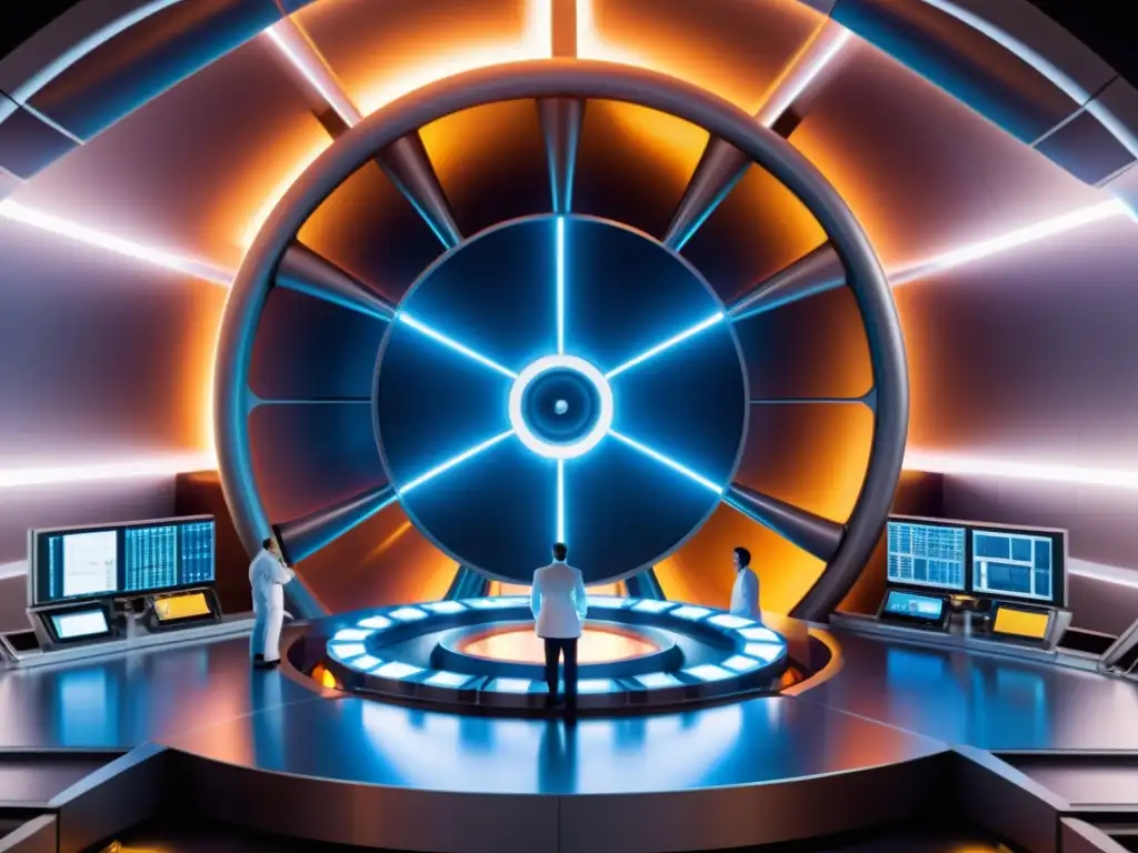 Un reactor de fusión nuclear rodeado de tecnología avanzada y científicos monitoreando el proceso con intensidad