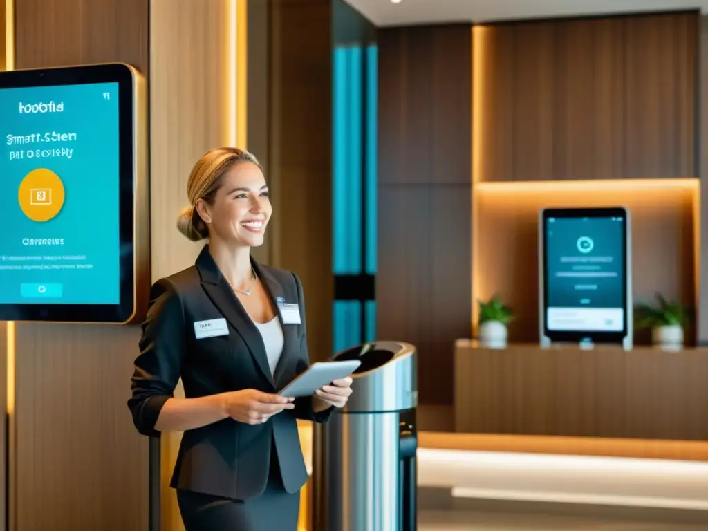 Recepción de hotel lujoso con dispositivos IoT integrados, como quioscos de check-in inteligentes y señalización digital interactiva