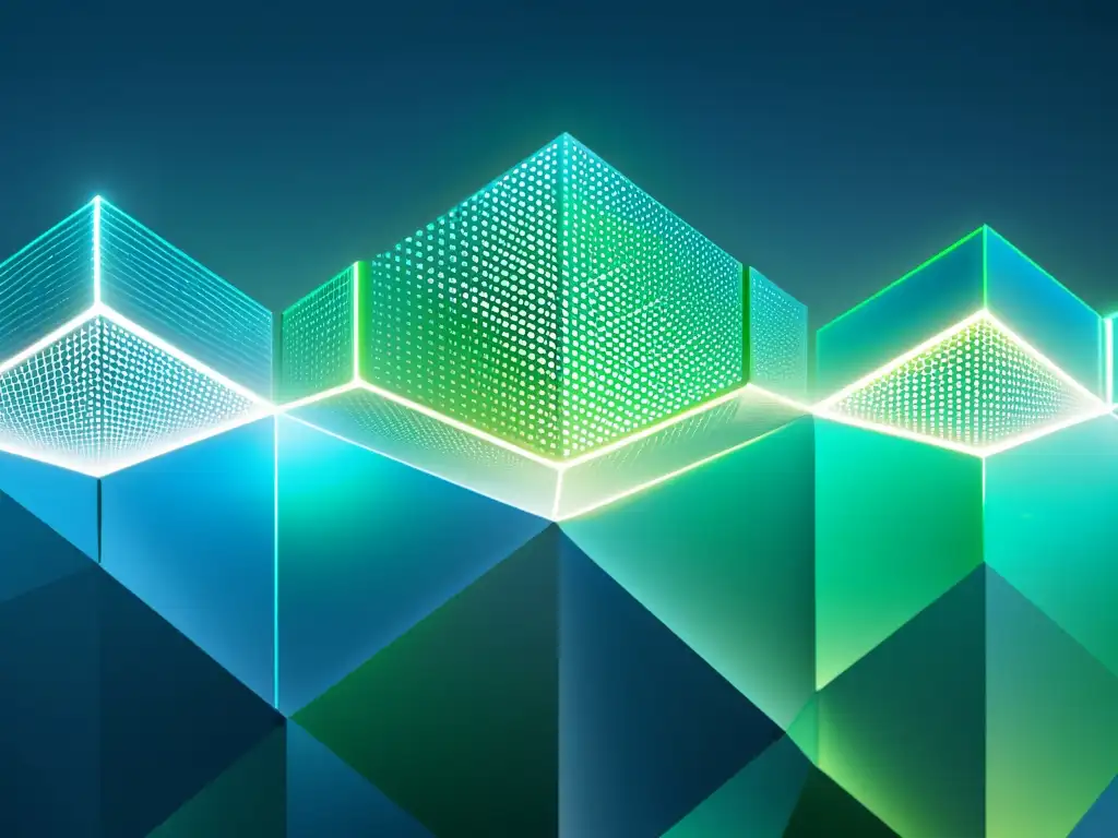 Red de bloques de datos futurista, transparente y segura Una red de bloques de datos transparente e interconectada, con líneas brillantes que representan la seguridad y privacidad de la tecnología blockchain