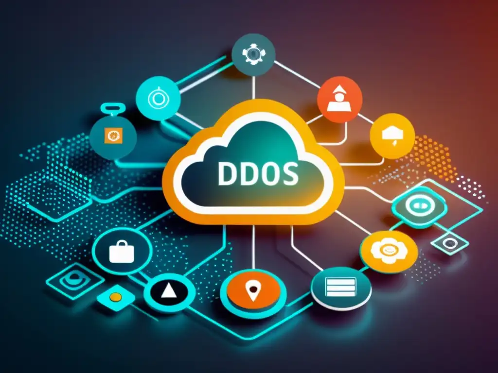 Una red detallada de dispositivos IoT interconectados revela amenazas DDoS en IoT con un diseño moderno y profesional