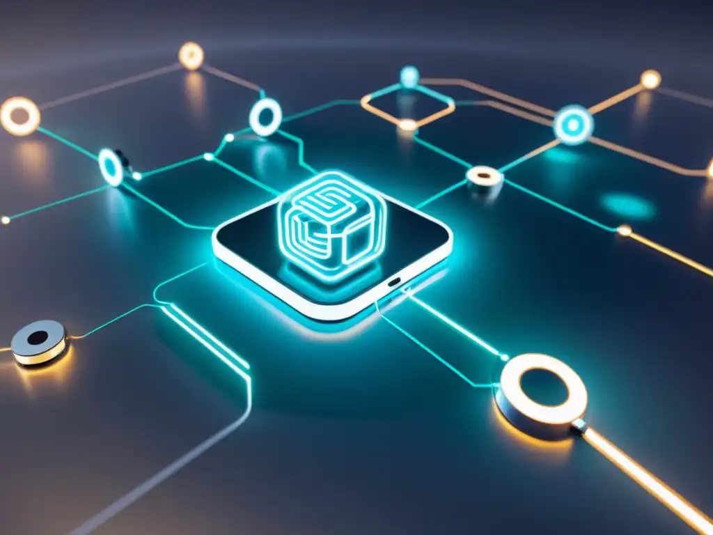 Una red de dispositivos IoT interconectados con líneas luminosas representando el flujo de datos y medidas de seguridad