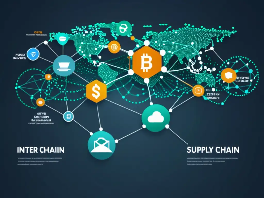 Una red futurista de cadena de suministro asegurada con blockchain, con nodos tecnológicos interconectados transmitiendo datos de forma segura