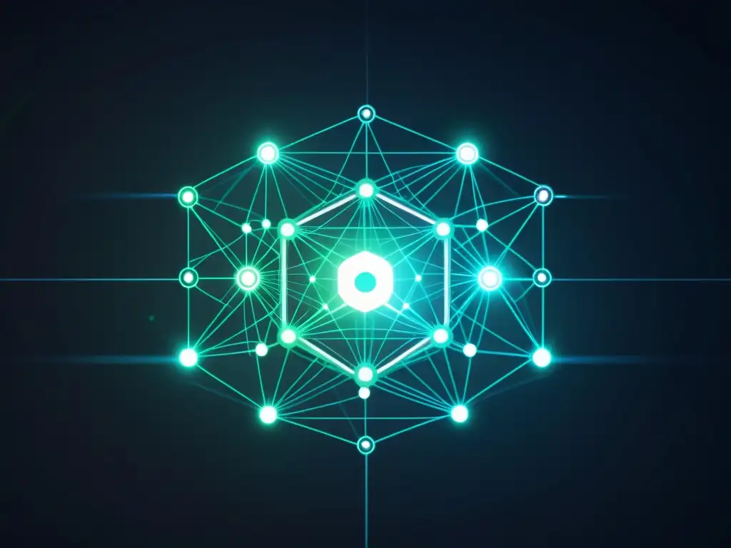 Visualización de red futurista descentralizada con tecnología blockchain, destacando seguridad y vanguardia tecnológica
