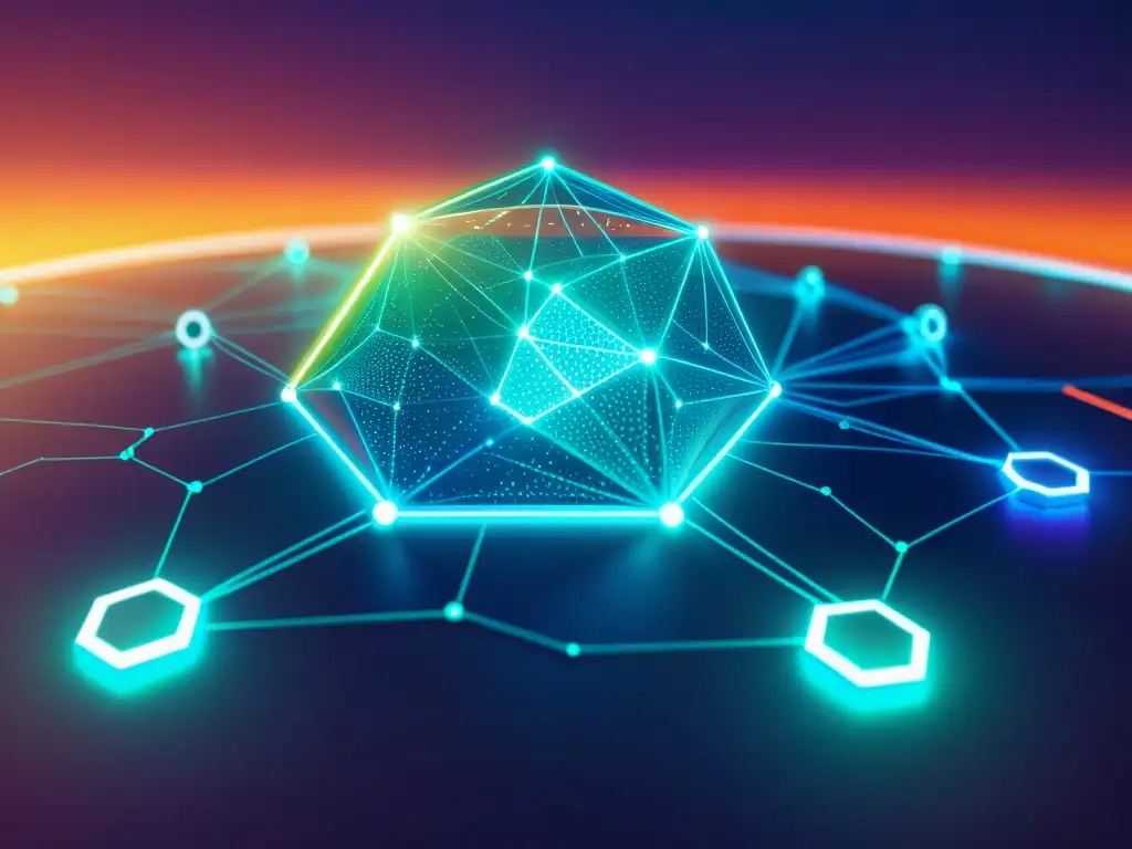 Red de nodos blockchain: tecnología de vanguardia Una red futurista de nodos blockchain interconectados, con identificaciones biométricas, registros de transacciones y firmas digitales seguras