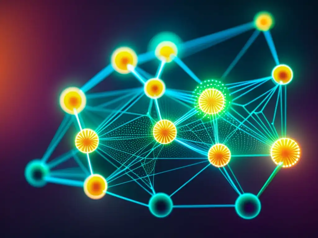 Red de blockchain futurista: Nodos vibrantes en alta resolución Una red futurista de nodos blockchain, vibrantes y conectados, formando un patrón geométrico