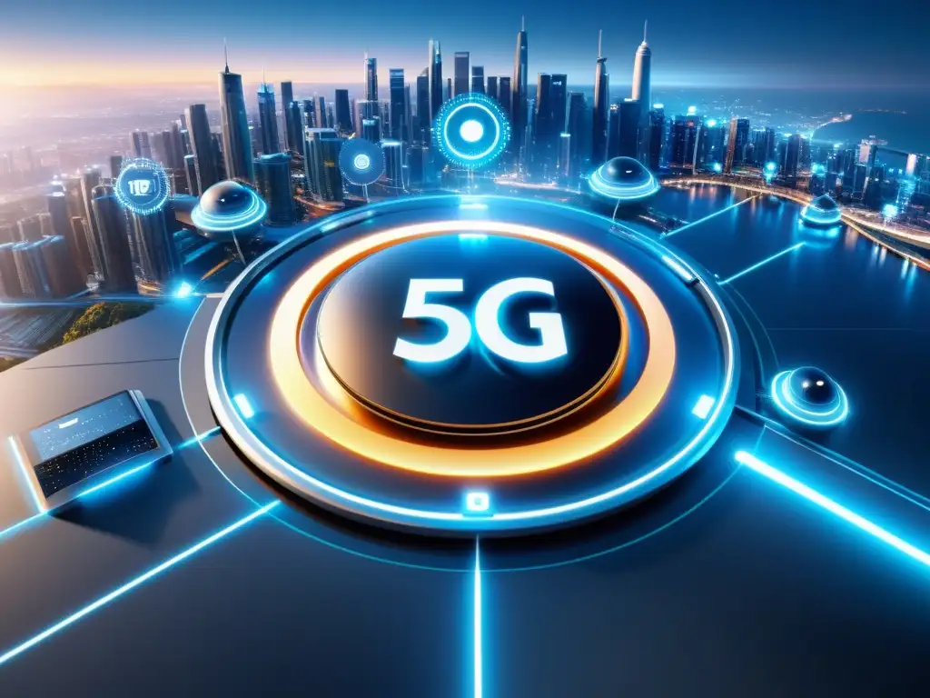 Una red 5G futurista con protección contra vulnerabilidades, transmitiendo datos a alta velocidad en un entorno de tecnología de vanguardia