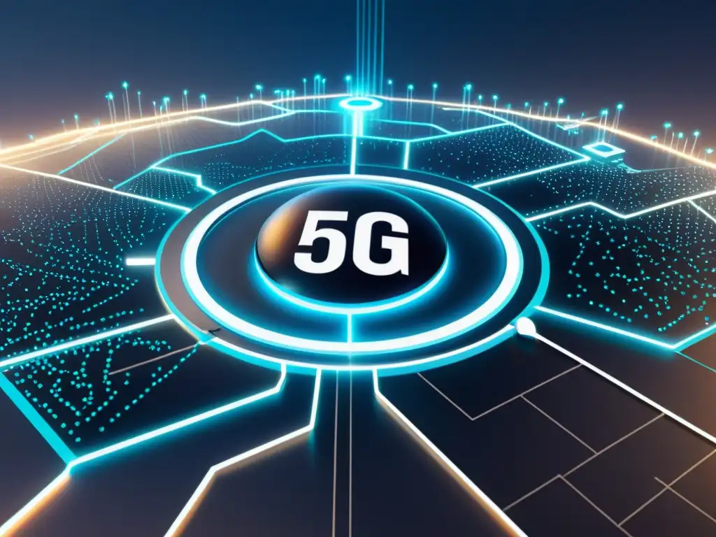 Una red 5G segura con algoritmos de encriptación avanzados y barreras protectoras, evocando tecnología de vanguardia y privacidad en tecnología 5G