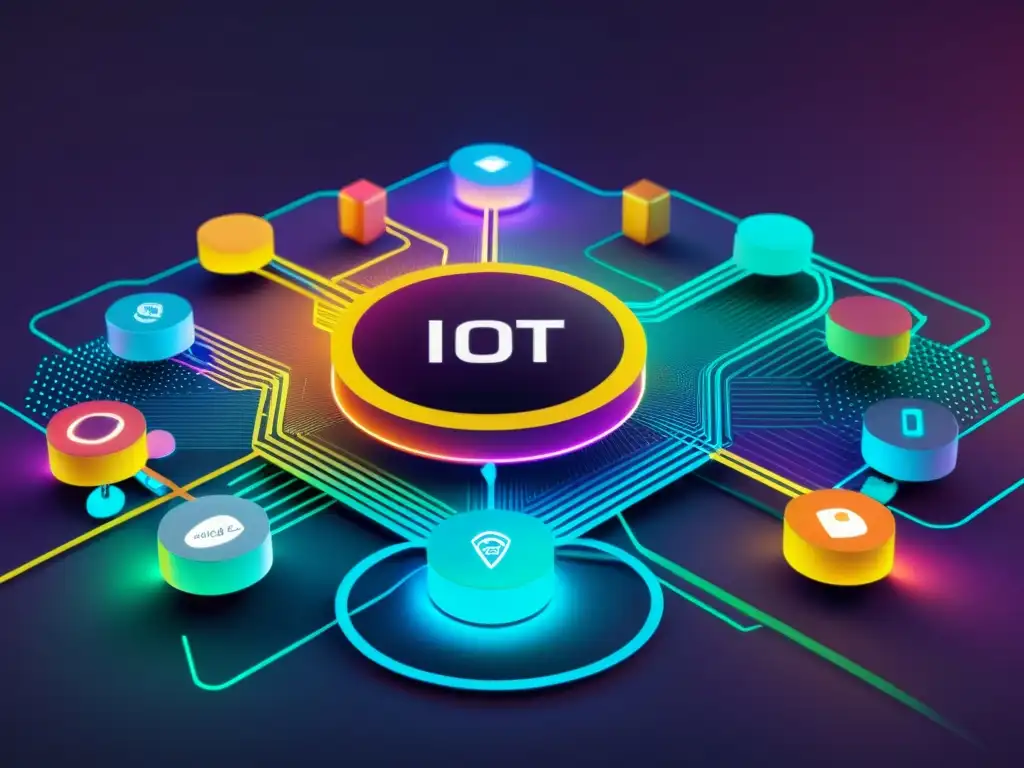 Una red interconectada de dispositivos IoT futuristas, destacando el impacto de la legislación ciberseguridad en tecnologías emergentes