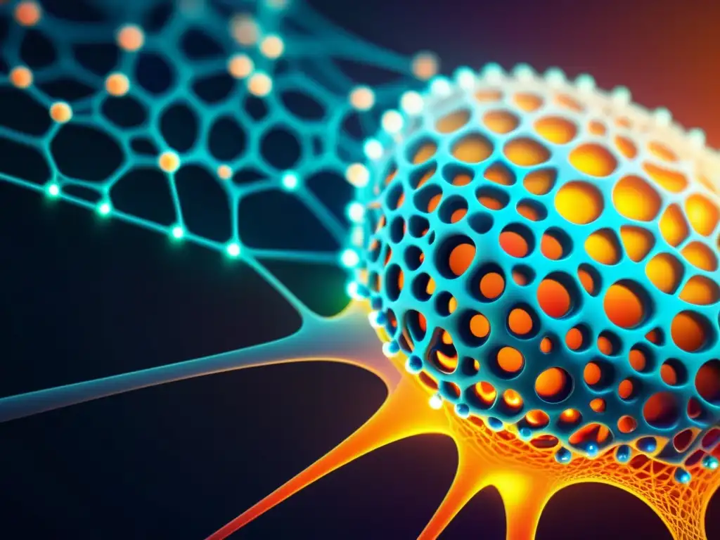 Una red neural brillante y futurista de nodos interconectados, reflejando la complejidad y avance de los algoritmos autodidactas en máquinas
