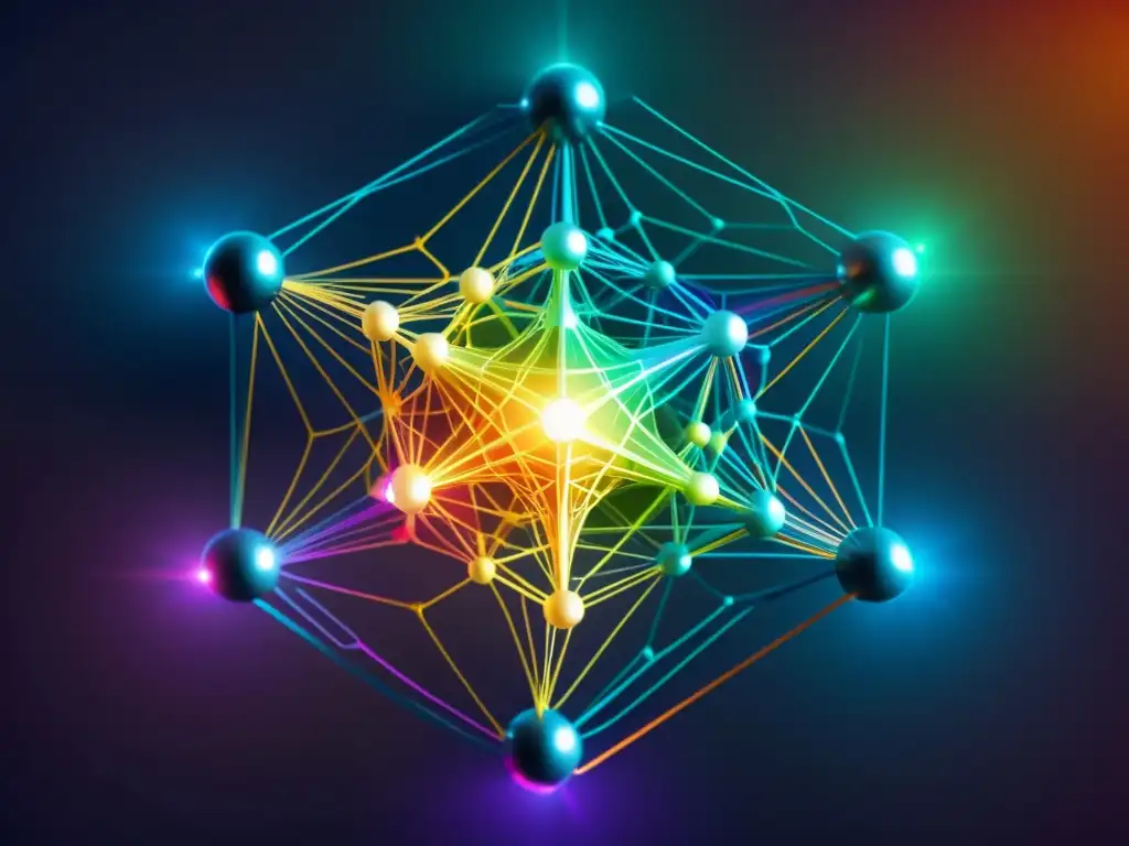 Una red neural sofisticada con colores futuristas y efectos de iluminación dinámicos, representa los Algoritmos autodidactas en máquinas