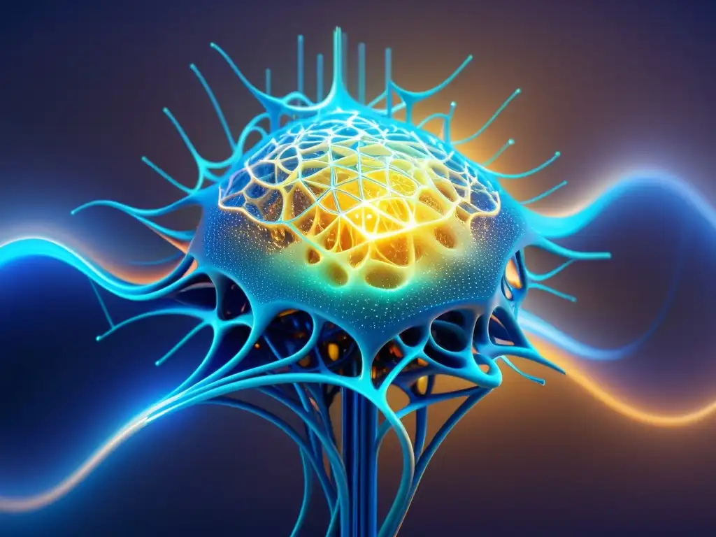 Deslumbrante representación 3D de una red neuronal con nodos interconectados y energía vibrante