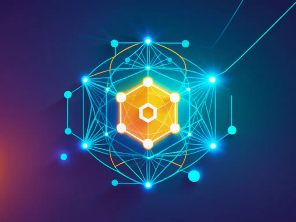 Red de blockchain vibrante y sofisticada Una red de nodos interconectados en vibrantes colores, evocando sofisticación tecnológica y seguridad