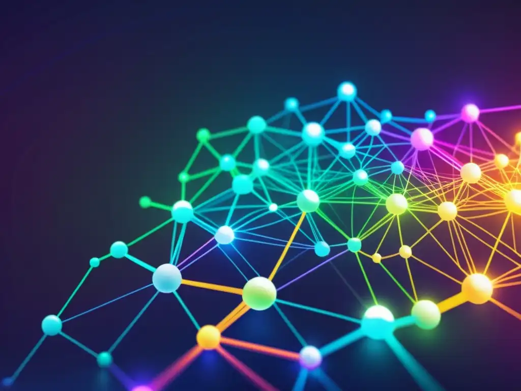 Redes de Algoritmos: Impacto Visual Futurista Red de nodos y líneas brillantes, simbolizando el funcionamiento de algoritmos de IA en redes sociales
