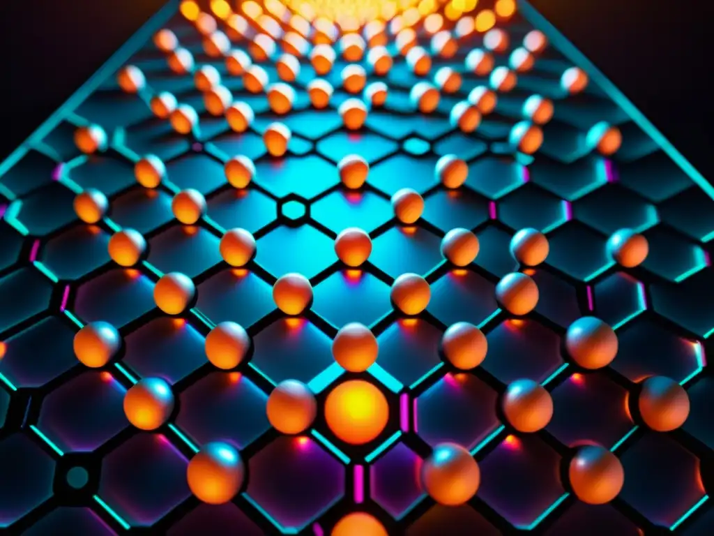 Una red de puntos cuánticos en energía atómica emiten un resplandor vibrante y cautivador en un espacio futurista oscuro