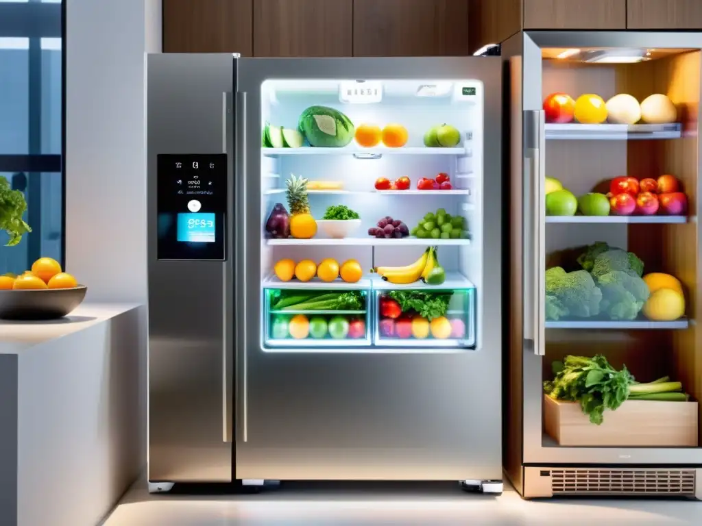 Refrigerador inteligente con alimentos frescos y lista de supermercado dinámica en pantalla LED