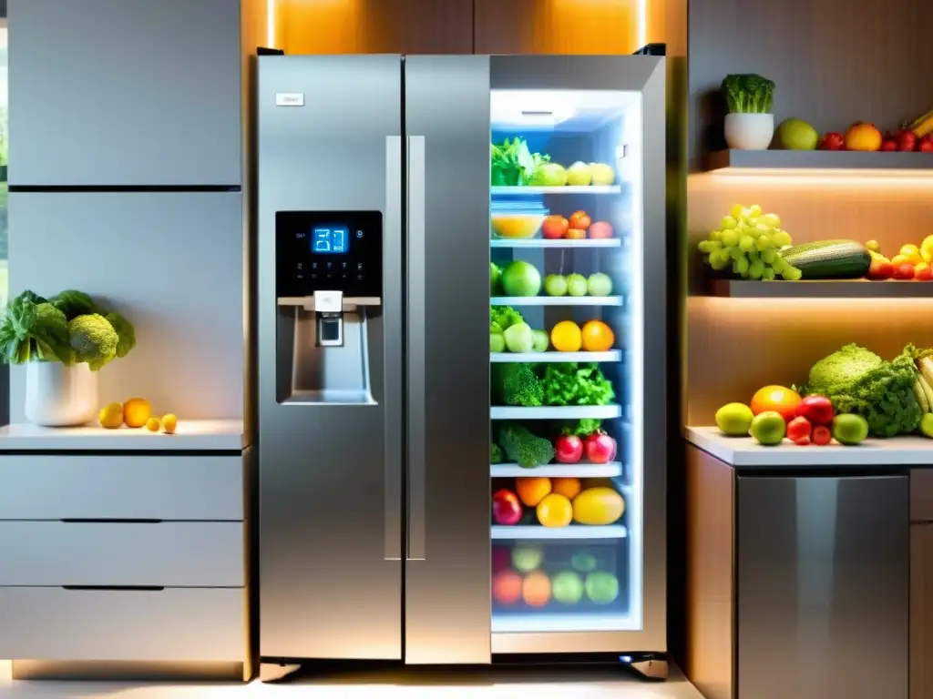 Un refrigerador inteligente con frutas y verduras vibrantes en filas ordenadas, iluminado por LED suave