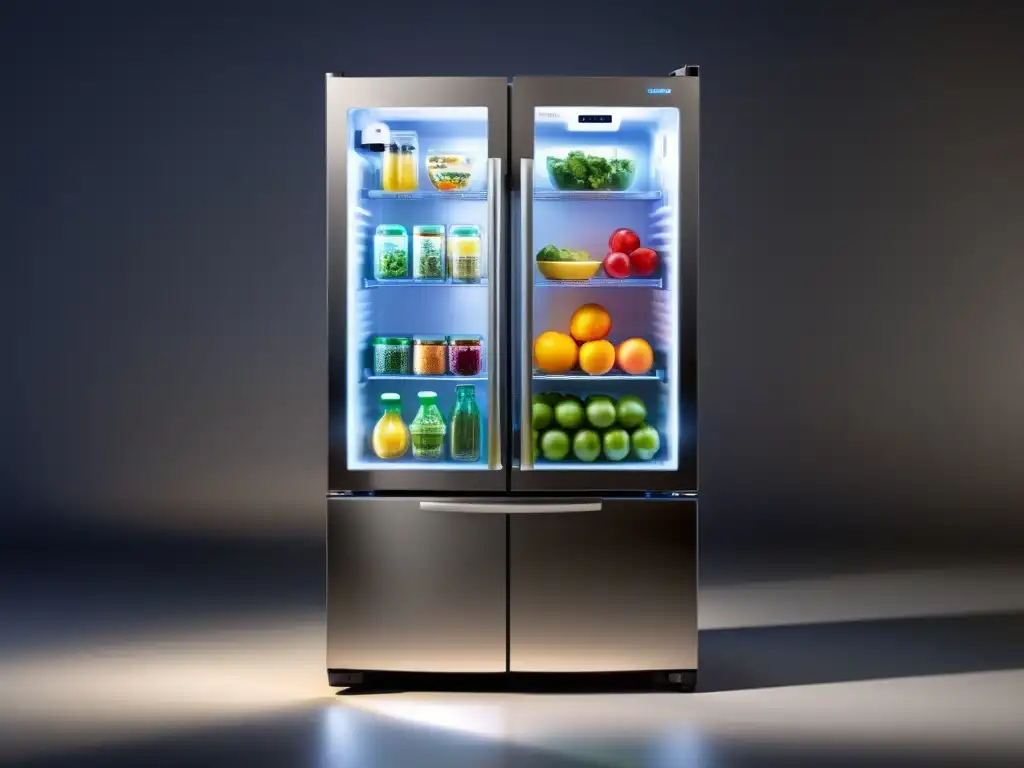 Refrigerador inteligente con frutas, verduras y bebidas organizadas