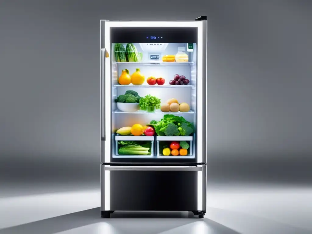 Refrigerador inteligente para lista de supermercado en cocina contemporánea con productos frescos y bebidas organizados