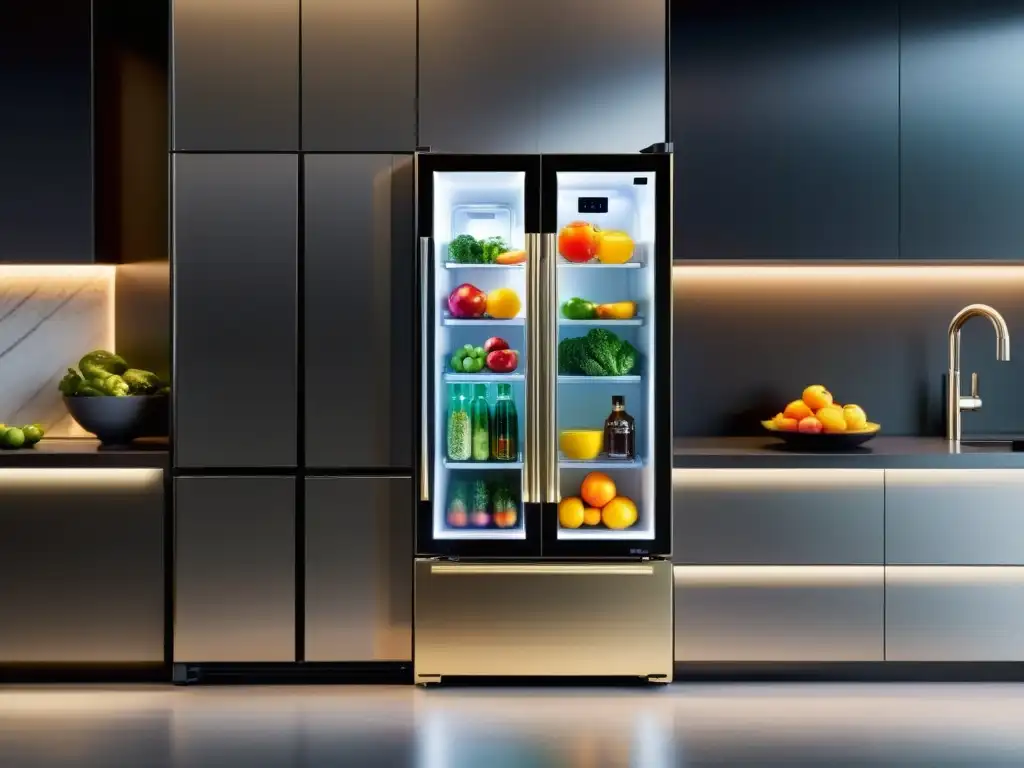 Un refrigerador inteligente y moderno en una cocina minimalista con productos frescos y bebidas, mostrando un avanzado sistema de seguridad