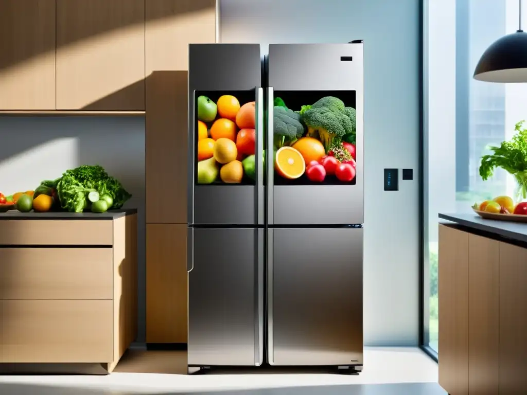 Un refrigerador inteligente con IoT en el monitoreo de dieta, repleto de alimentos frescos y saludables, muestra innovación y modernidad