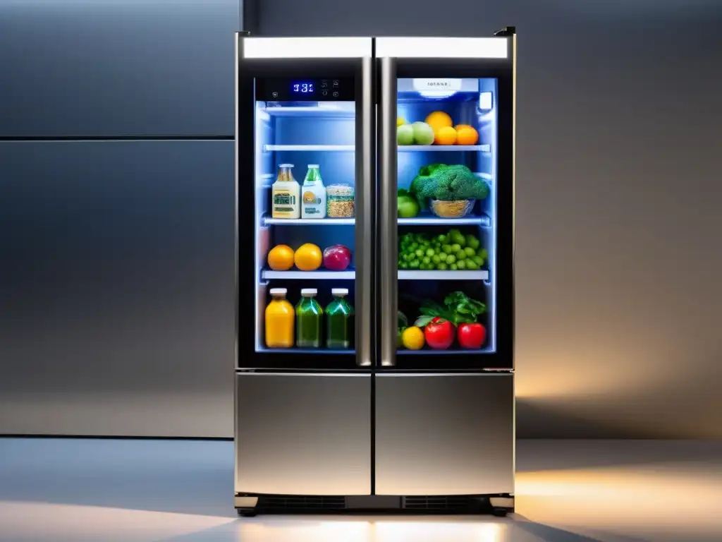 Un refrigerador inteligente con puerta de vidrio que muestra alimentos frescos y bebidas