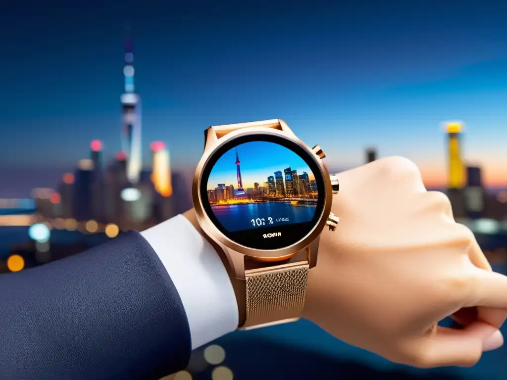 Un reloj inteligente futurista con pantalla digital personalizable y correa metálica, frente a un deslumbrante horizonte urbano nocturno