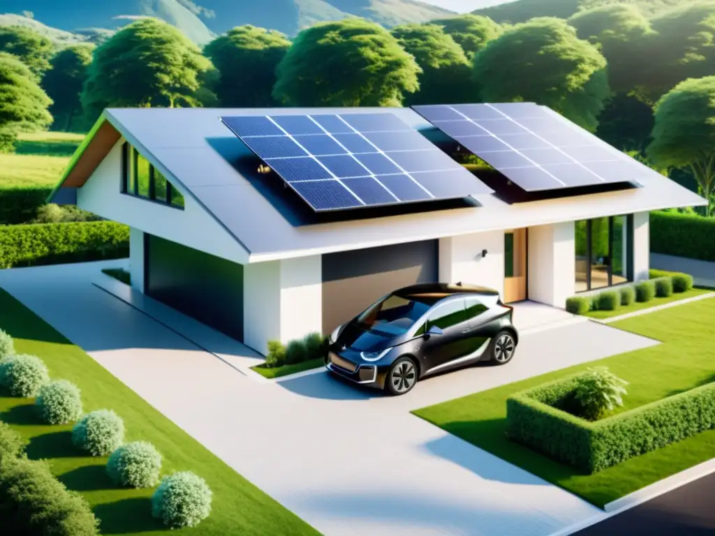 Residencia moderna con paneles solares, auto eléctrico y dispositivos inteligentes, rodeada de vegetación