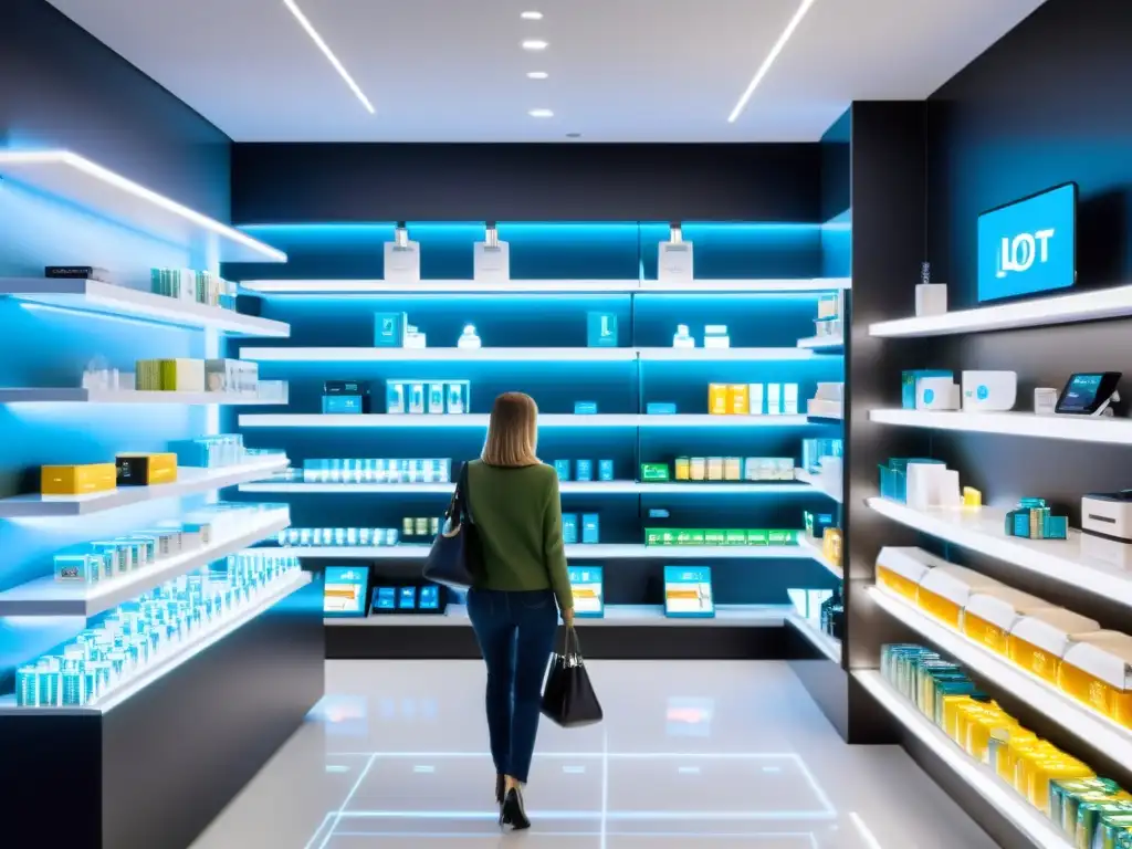 IoT en el retail: Tienda moderna con dispositivos integrados y ambiente futurista iluminado en LED