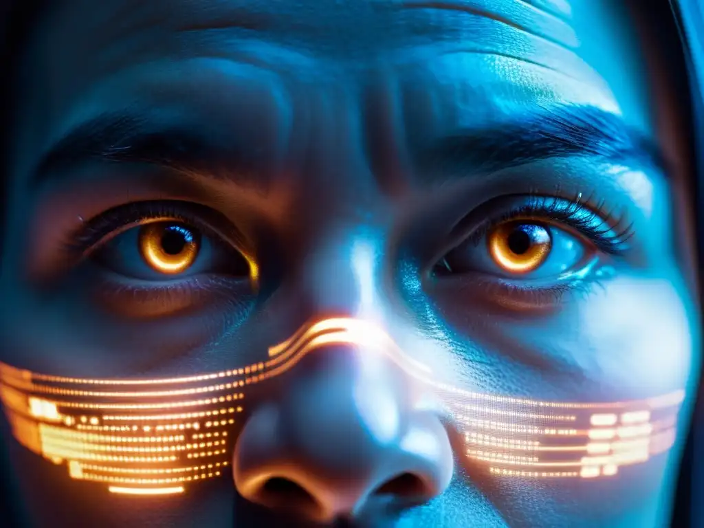Rostro tenso bajo ataque cibernético Retrato detallado de una persona con expresión de concentración y ansiedad, iluminada por una pantalla de computadora