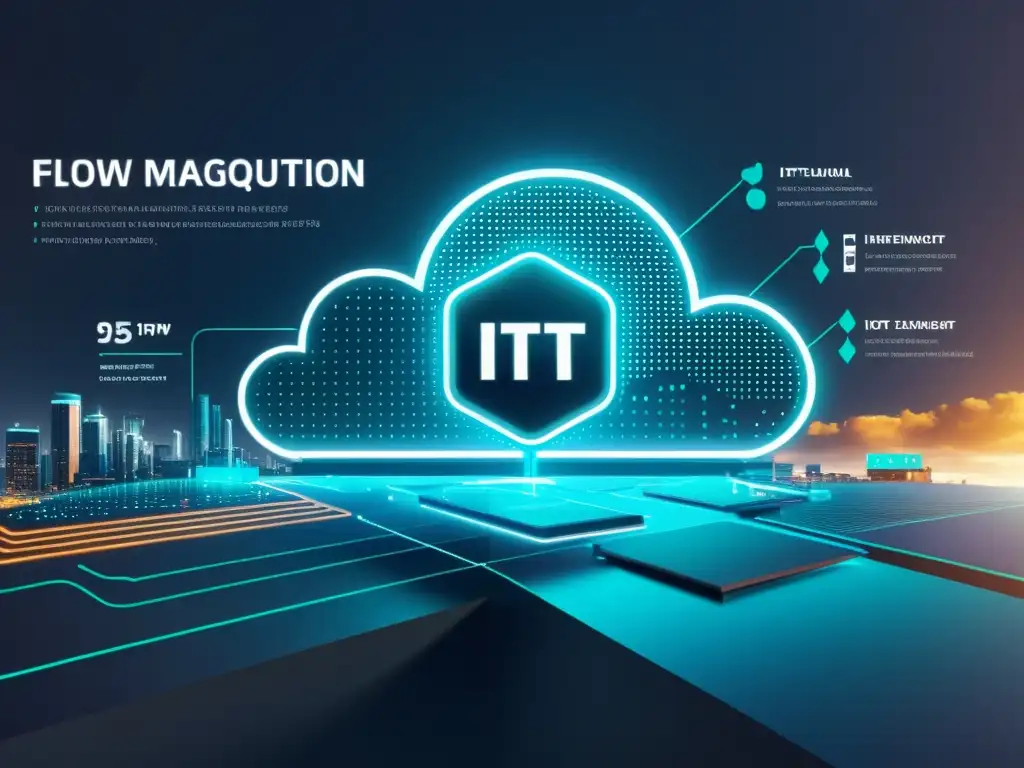 Gestión de riesgos en IoT: Imagen detallada de un sistema industrial IoT con sensores, dispositivos y monitoreo en tiempo real