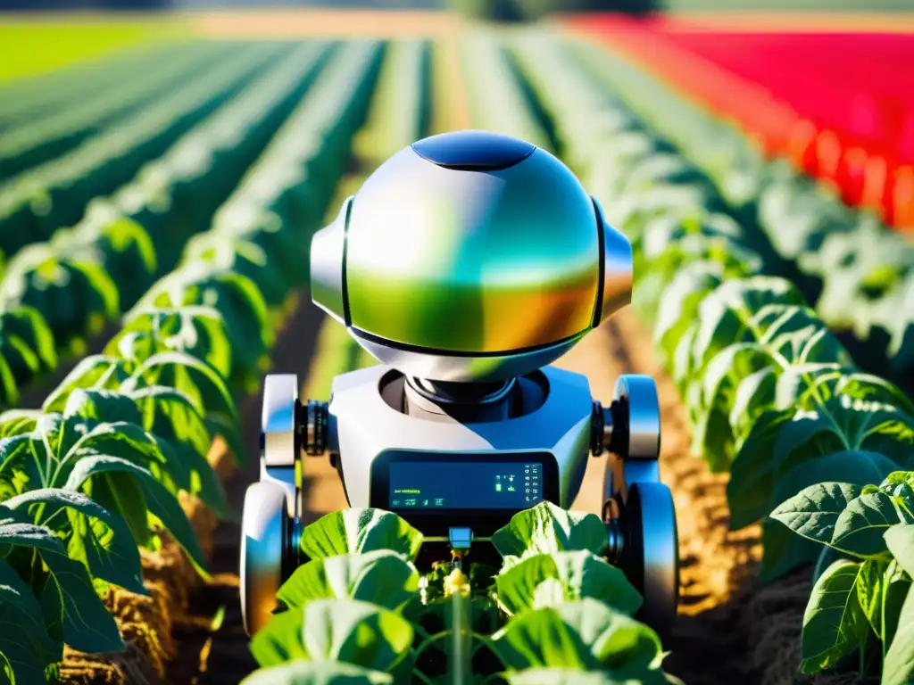 Un robot de agricultura orgánica inteligente cuida con precisión los cultivos, fusionando tecnología y naturaleza en un campo vibrante