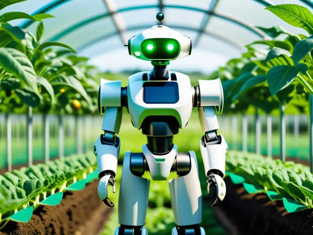 Robot de agricultura orgánica inteligente monitorea cultivos en granja exuberante, integrando tecnología y naturaleza