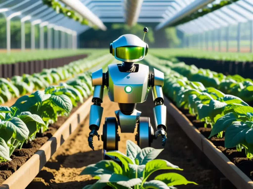 Robot de agricultura orgánica inteligente trabajando en un campo vibrante y exuberante, fusionando tecnología y naturaleza