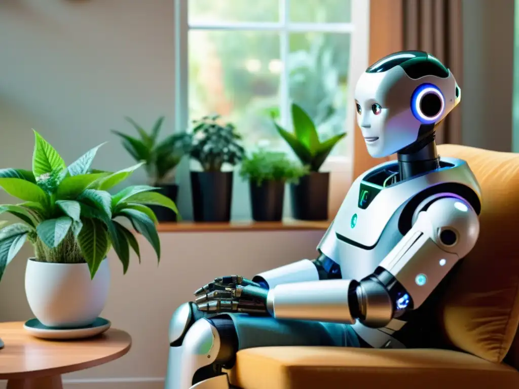 Robot de aspecto humano reconfortante sujeta la mano de una persona mayor en un acogedor salón lleno de plantas y luz natural