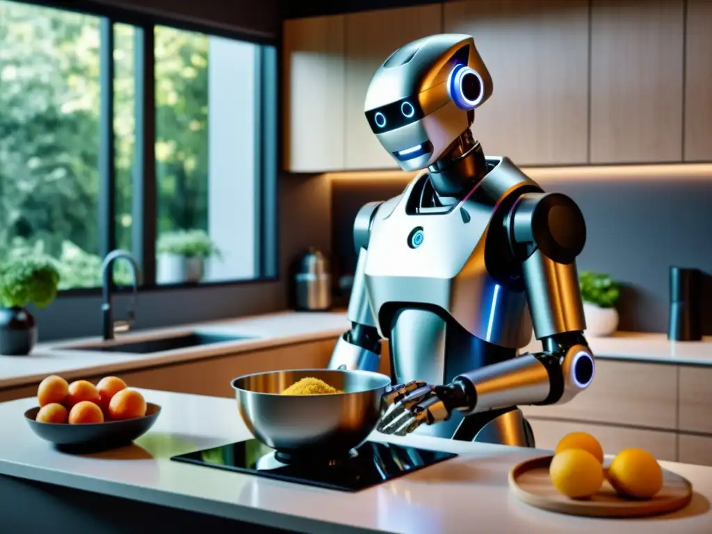 Un robot humanoide ayuda en la cocina, reflejando el impacto de la robótica en el futuro con elegancia y sofisticación