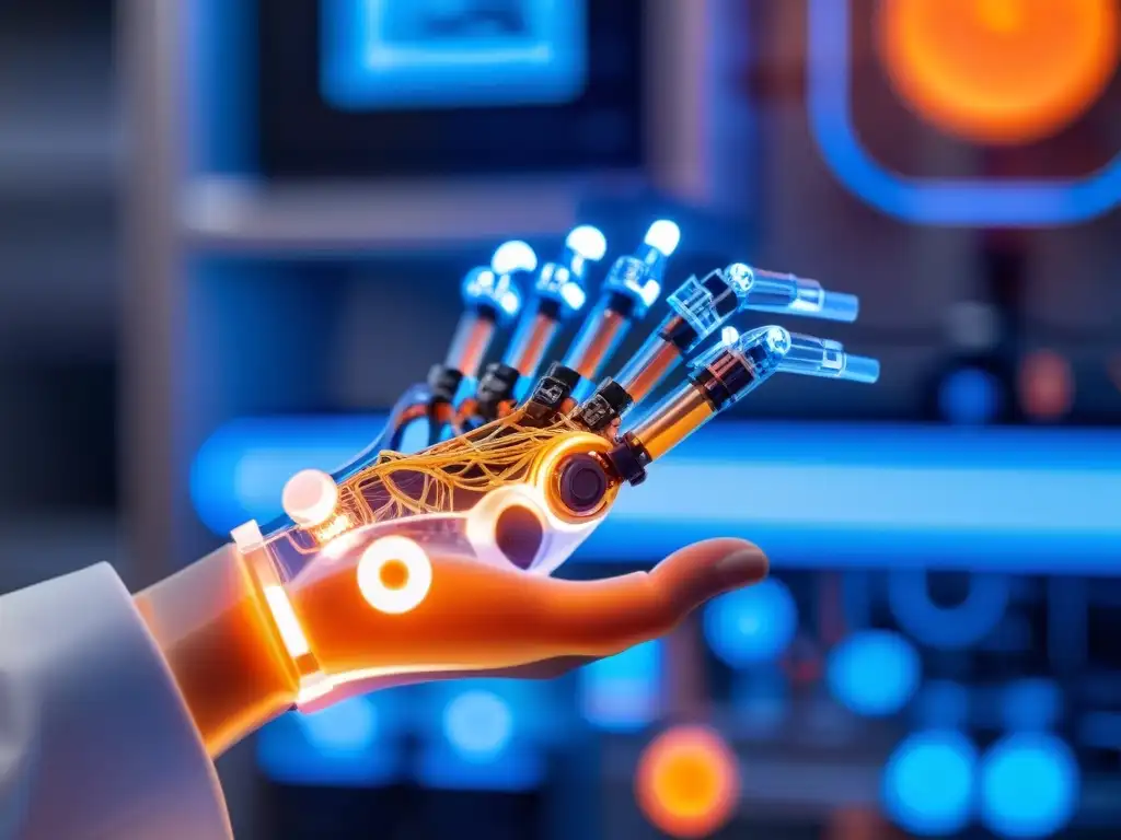 Mano robótica suave manipula con precisión Un robot blando manipula objetos con precisión en un laboratorio futurista