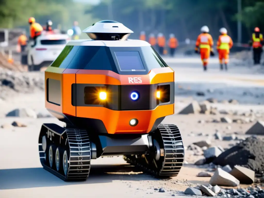 Robot de búsqueda y rescate en operaciones, con avanzada tecnología y equipos de emergencia coordinando sus movimientos