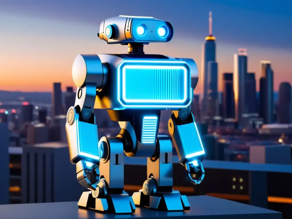 Robot constructor del futuro en acción nocturna Un robot de construcción futurista en tonos plateados y azul neón, trabajando en una vanguardista ciudad al anochecer