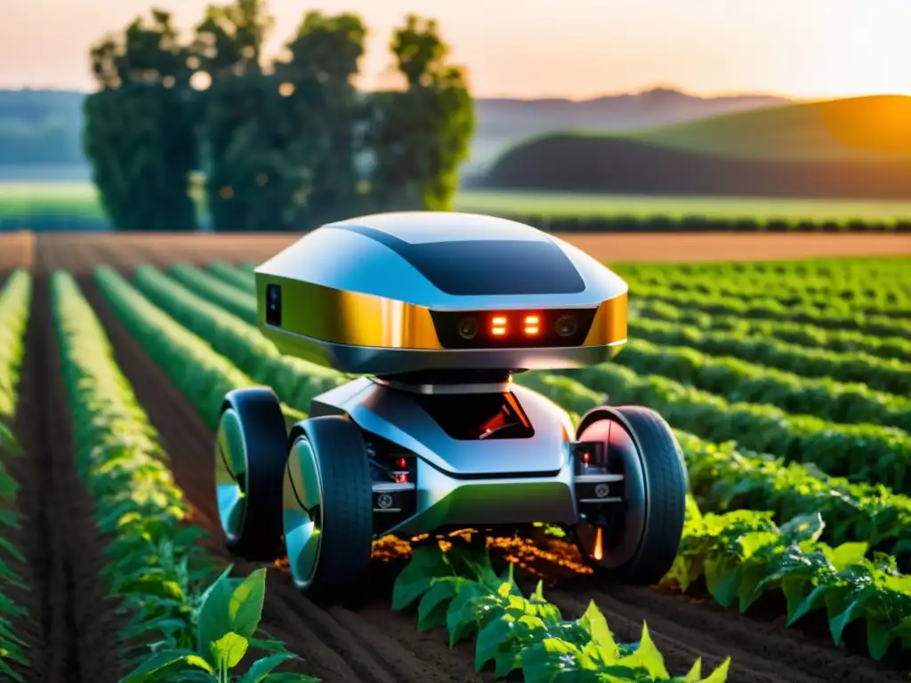 Robot autónomo protegiendo cultivos con tecnologías emergentes en campo verde al atardecer