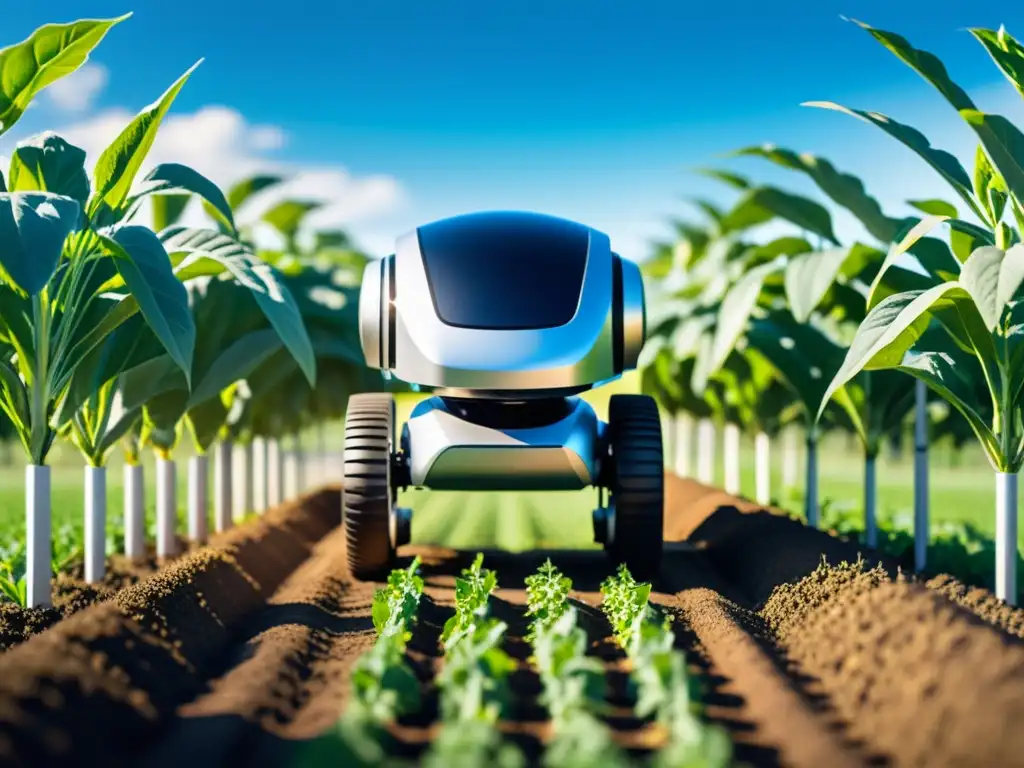 Un robot agrícola futurista navega entre cultivos verdes bajo el cielo azul