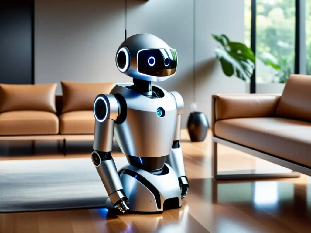 Robot doméstico moderno en un salón minimalista Un robot doméstico moderno y elegante ayuda con tareas diarias en una sala minimalista