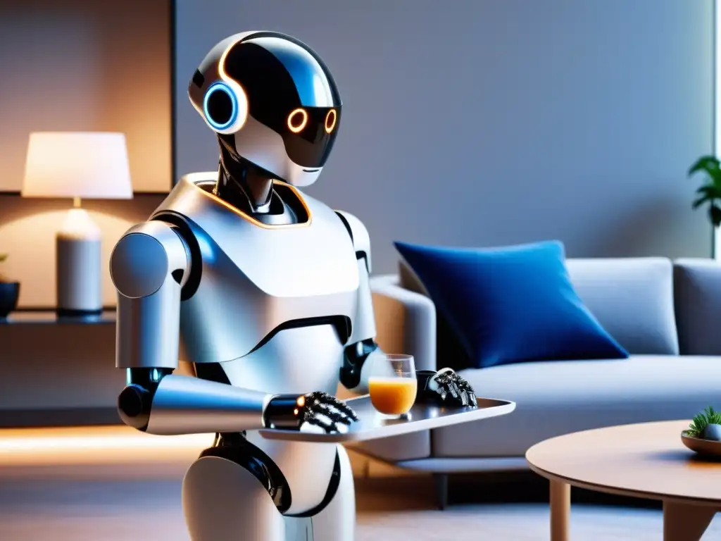 Robot doméstico moderno en un elegante salón minimalista Un robot doméstico moderno y elegante asistiendo en una sala minimalista